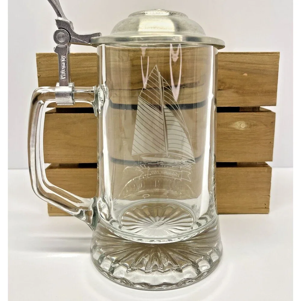 Old Spice Columbia 1901 Beer Stein ALWE Etched Glass Pewter Anchor Lid W Germany